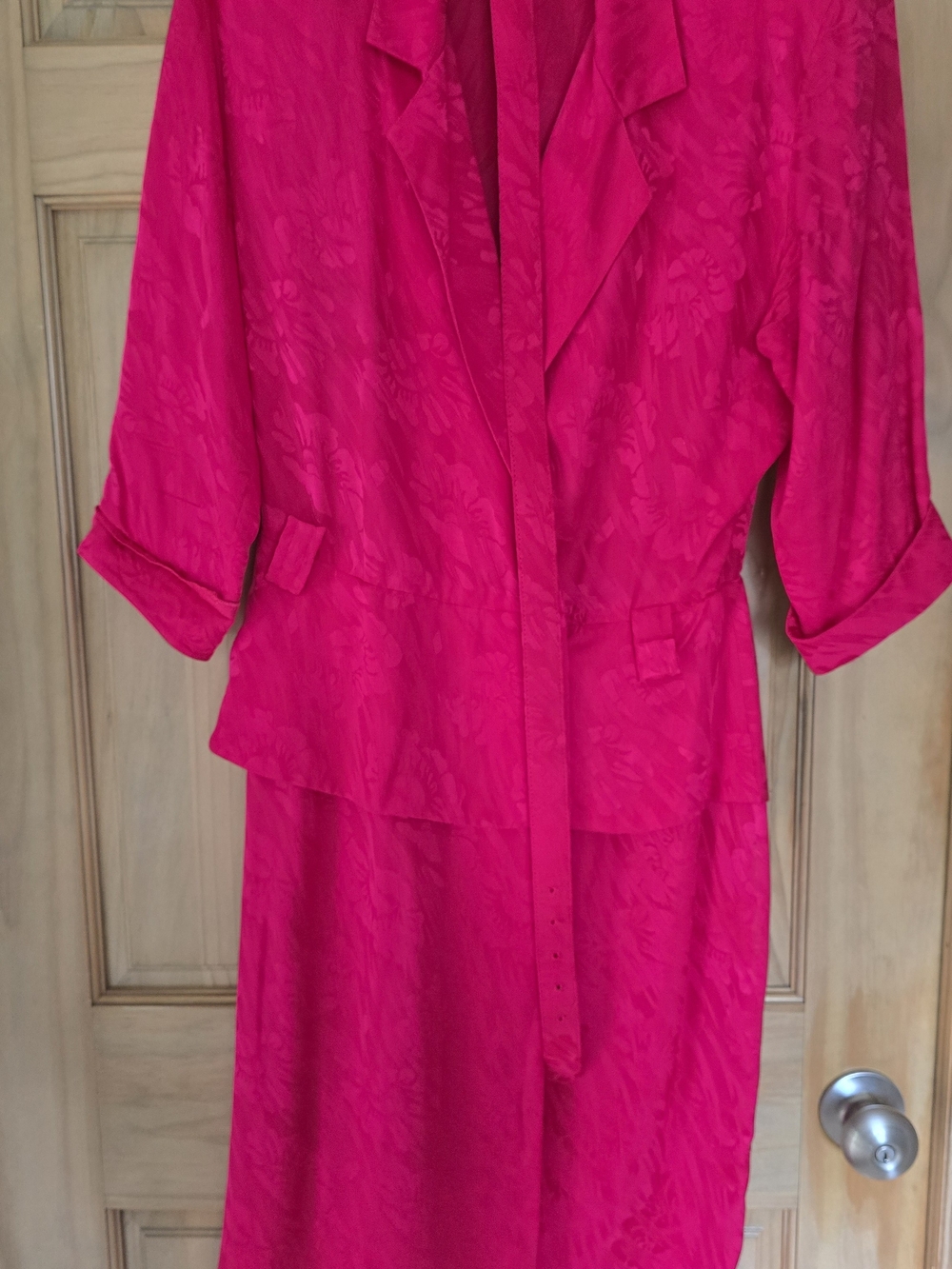 Vintage 80s Silk Studio Red Silk Jacquard Mock Suit Peplum Dress Belted Size 12P